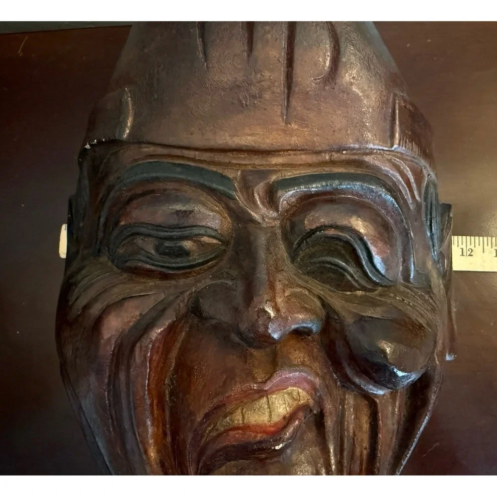 Vintage Large Hand Carved Wooden Face Mask Irony Smile Comedy 14.5